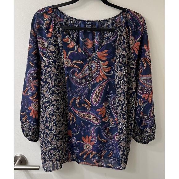 Chaps Boho Tunic Top Blue Paisley Mixed Pattern Peasant Semi Sheer Size 1X - Picture 4 of 5